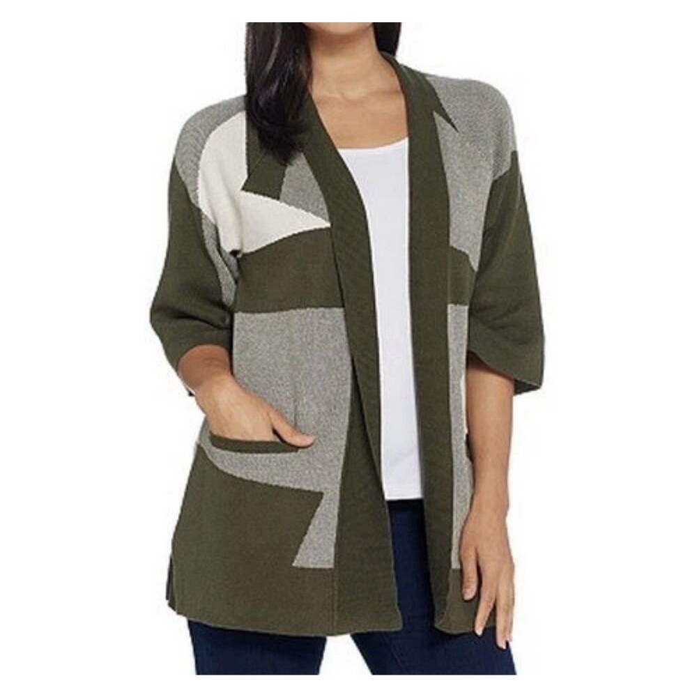 H by Halston M Olive Green Patchwork Knit Open Front Cardigan Sweater Oversized